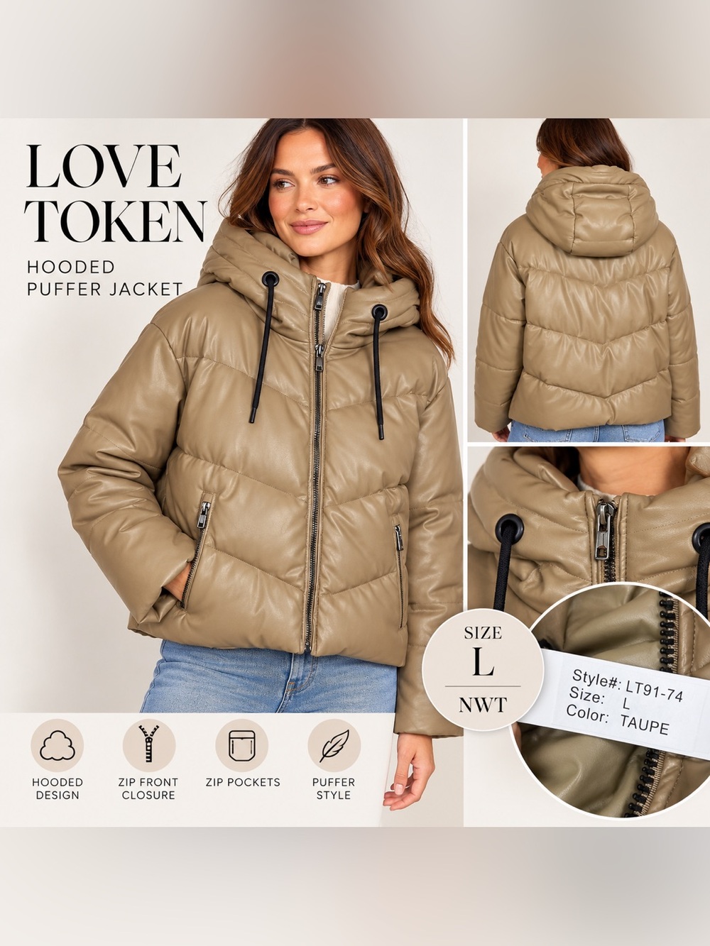 Love Token Hooded Puffer Jacket Women’s Size L Taupe Puffer NWT